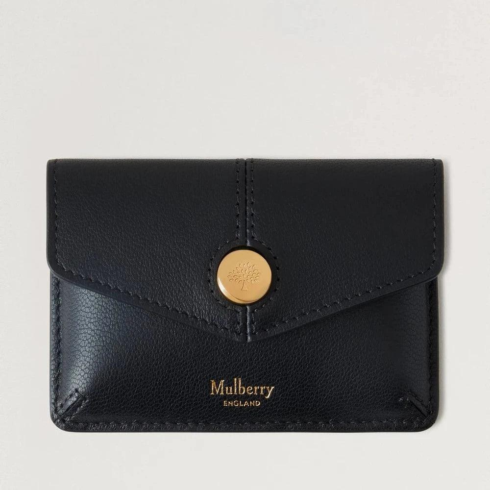Mulberry Press Stud Coin Pouch Black Micro Classic Grain in black leather with gold colored button, front view. Model RL8709587A100