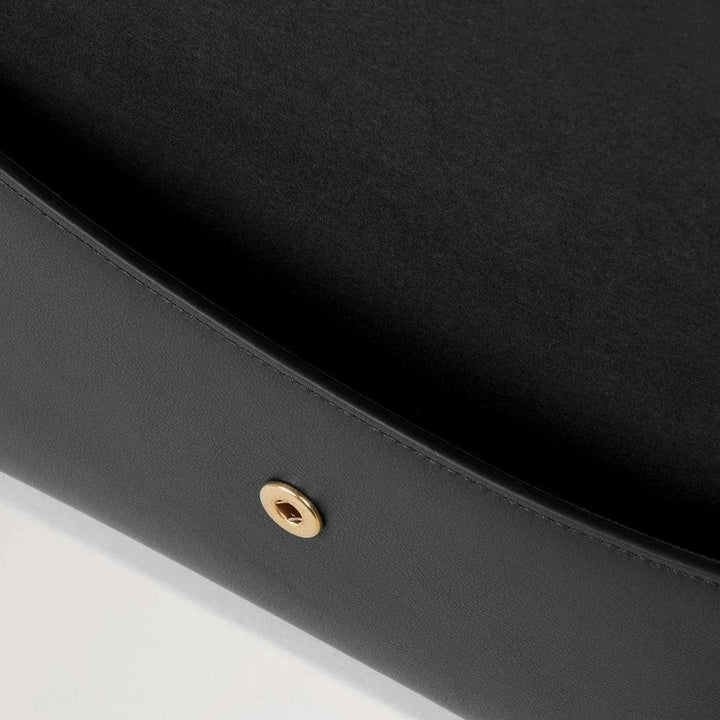 Mulberry Press Stud Envelope Pouch Black Micro Classic Grain detail of black leather and gold button