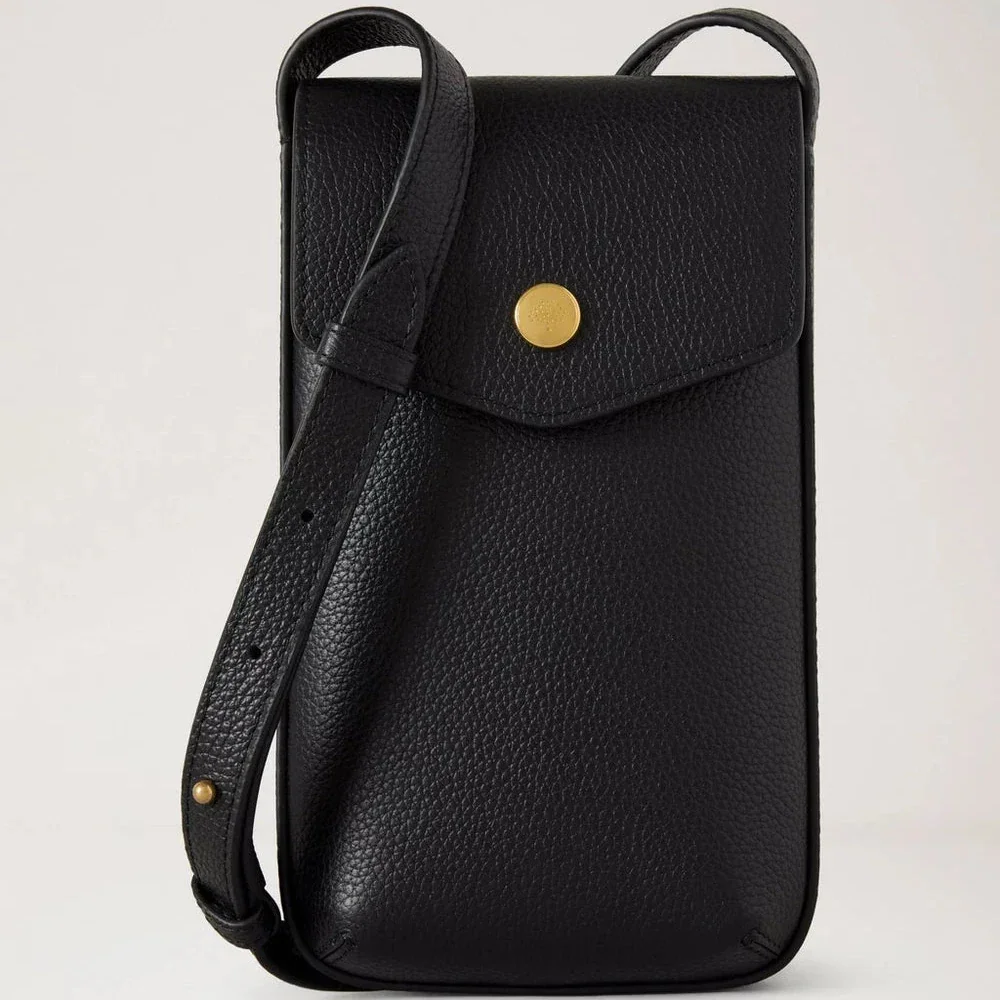 Mulberry Press Stud Phone Pouch Black in black leather with gold press button, shoulder strap. Model RL8962/205A100