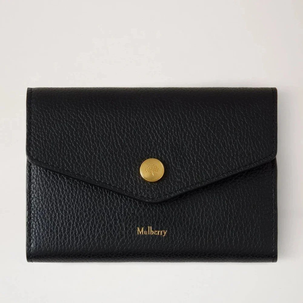Mulberry Press Stud Wallet Black Small Classic Grain with gold colored press button in black leather, Model RL8963205A100.