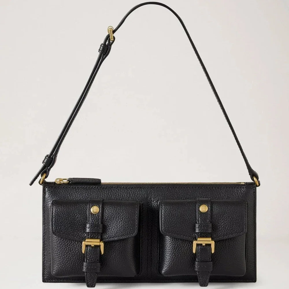 Mulberry Roxanne Mini Shoulder Bag in black leather with adjustable strap and two front pockets, Model RL8904205A100