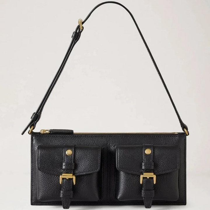 Mulberry Roxanne Mini Shoulder Bag in black leather with adjustable strap and two front pockets, Model RL8904205A100
