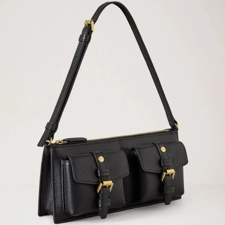 Mulberry Roxanne Mini Shoulder Bag in black leather with two pockets and gold-coloured details. Model RL8904205A100.