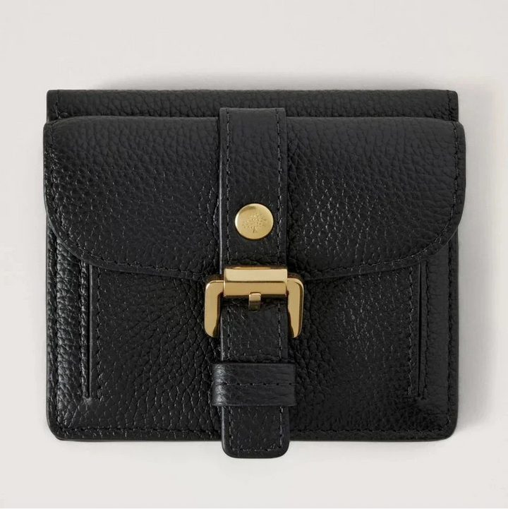 Mulberry Roxanne Wallet Black Small Classic Grain, purse in black leather with gold buckle. Model RL8903205A100
