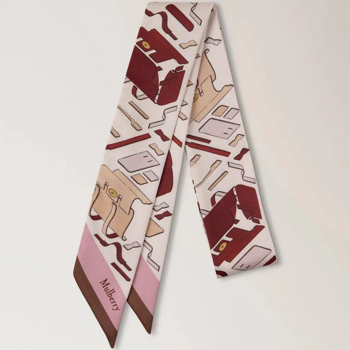 Mulberry Skinny Scarf Bayswater Workshop Blossom Pink, silk scarf in pink with bag motif, Model VS4868146J002