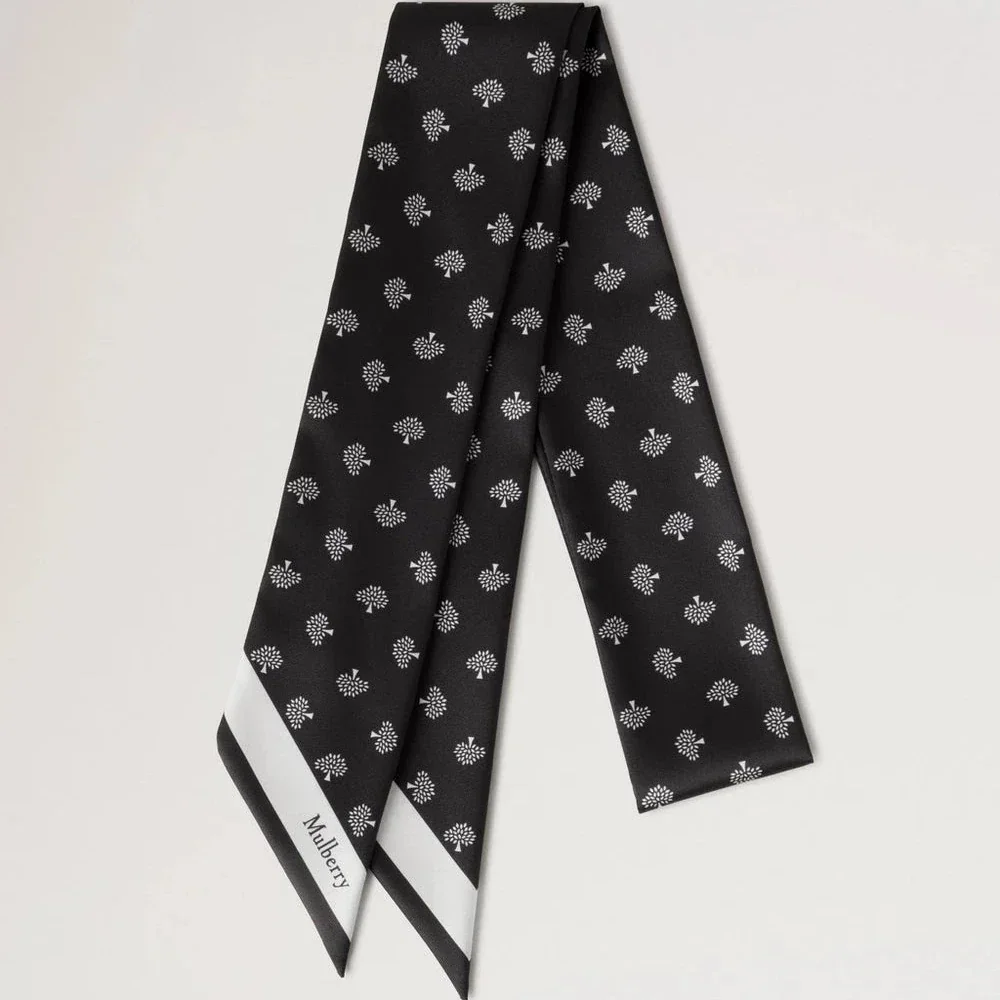 Mulberry Skinny Scarf Mulberry Tree Black with white tree border pattern on black silk. Model VS4774984A100.