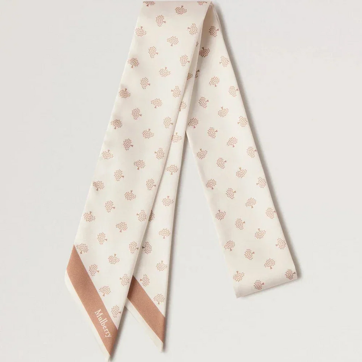 Mulberry Skinny Scarf Mulberry Tree Eggshell with beige tree print on cream colored silk, Model VS4774984H687.