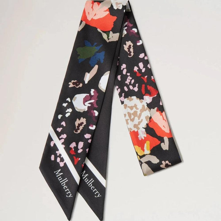 Mulberry Skinny Scarf Winter Floral Black with colorful floral print on black recycled polyester, Model VS4836095A100.