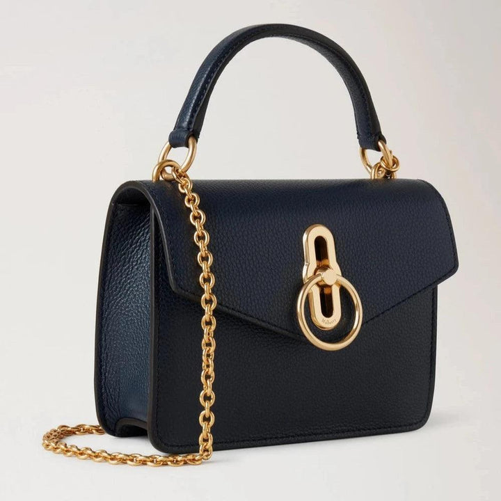Mulberry Small Amberley Crossbody Night Sky Small Classic Grain, dark blue leather bag with gold chain strap and clasp. Model RL6509205U888