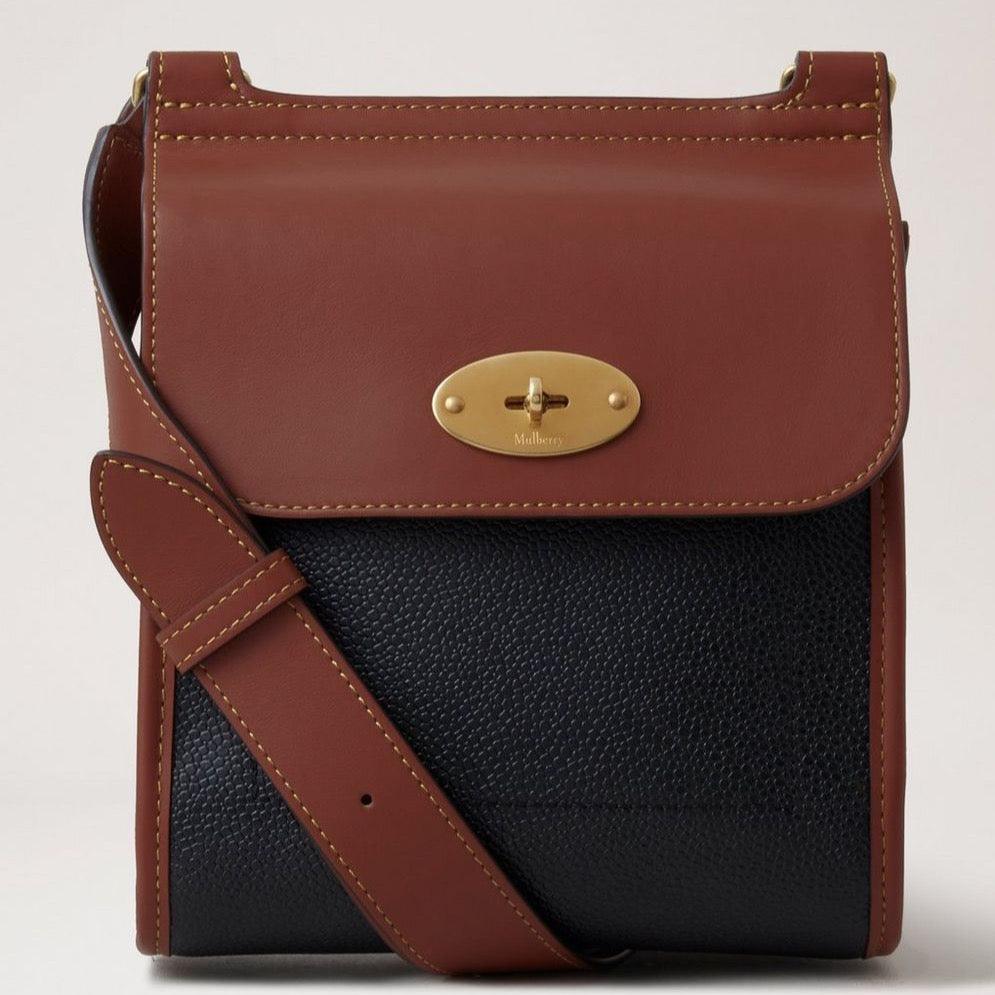 Mulberry Small Antony n-eco scotchgrain shoulder bag with brown leather flap and black texture, model HS5189127A340.