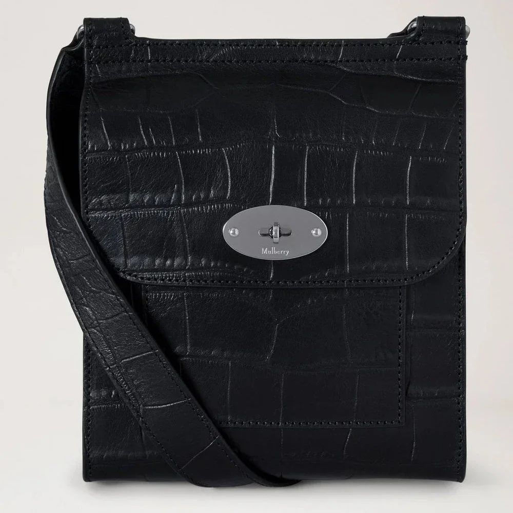 Mulberry Small Antony NVT Croc in black croco embossed leather with silver details, Model HH9922741A100.