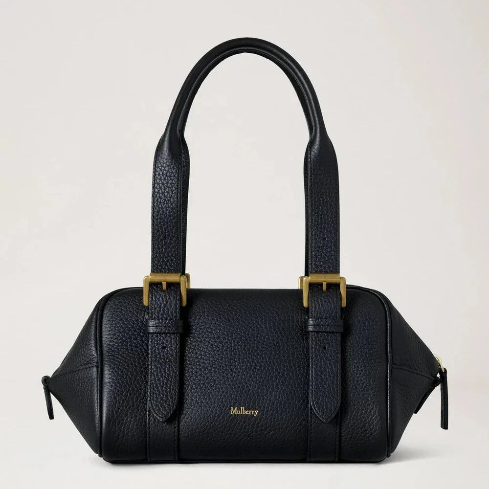 Mulberry Small Boston Black Heavy Grain, black heavy leather handbag with two straps, Model HH0020736A100