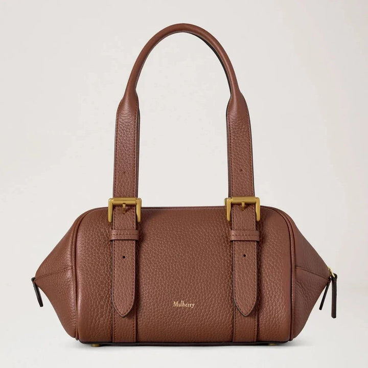 Mulberry Small Boston Bright Oak Heavy Grain, brown handbag in heavy leather with metal buckles. Model HH0020736G222