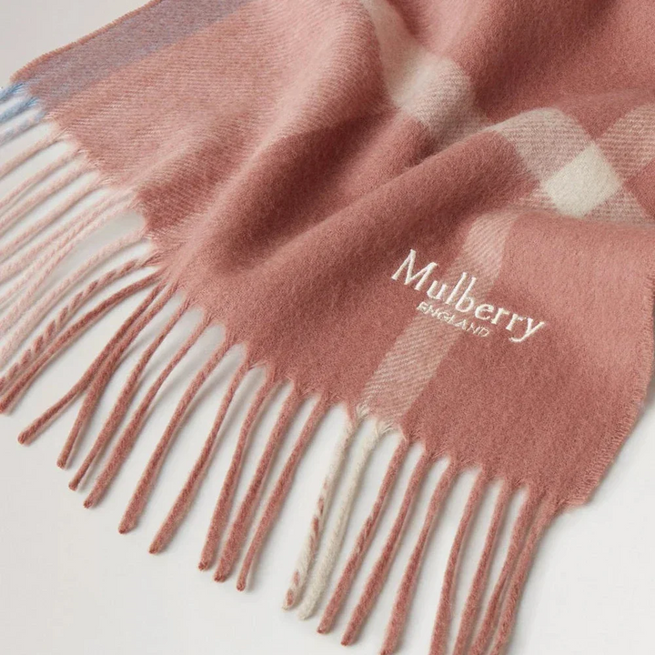 Mulberry Small Check Merino Wool Scarf shows pink wool with checks and fringes, model VS4319890J646.