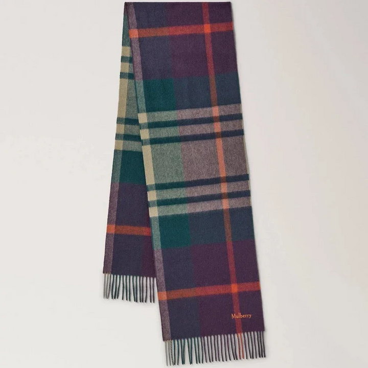 Mulberry Small Check Merino Wool Scarf folded with checkered pattern in green, aubergine and orange, Model VS4319890Q751