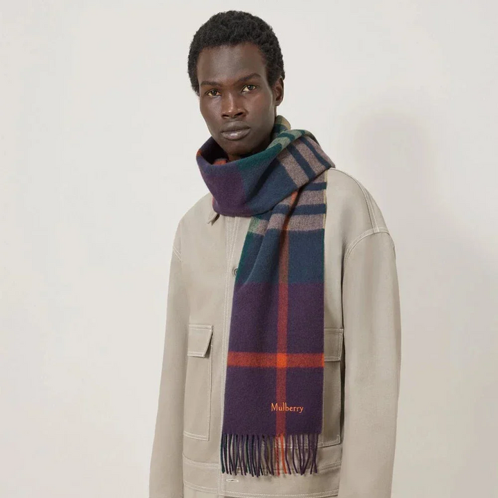 Mulberry Small Check Merino Wool Scarf seen on a model with checks in green and aubergine, Model VS4319890Q751