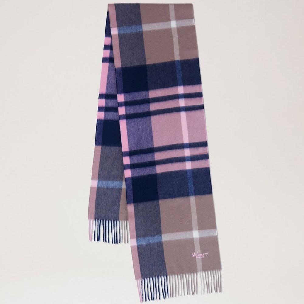 Mulberry Small Check Merino Wool Scarf with checked pattern in sorbet pink and navy, Model VS4319890J941