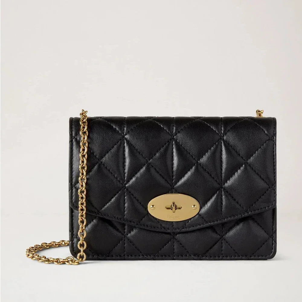Mulberry Small Darley Quilted Vesta Nappa Black with gold chain and matelassé leather front. Model RL8894676A100