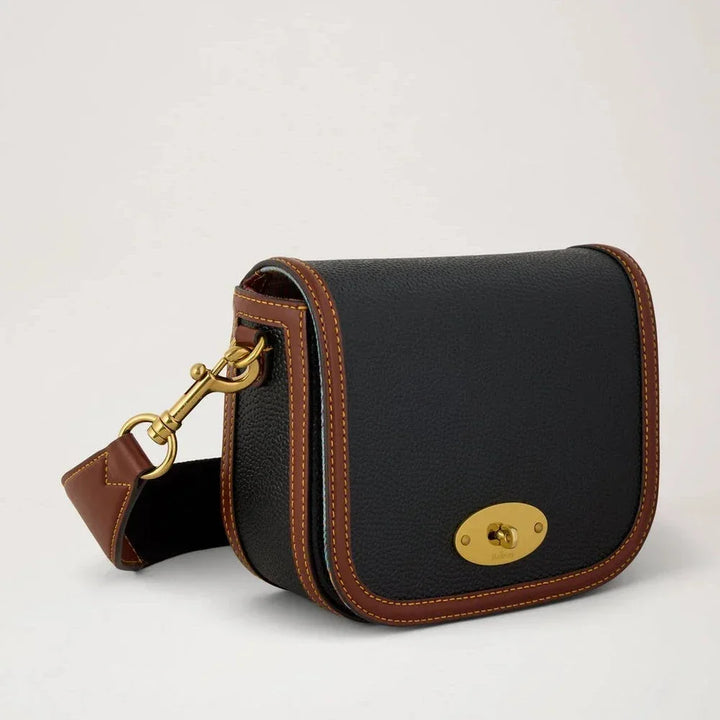Mulberry Small Darley Satchel in black and cognac bio-based Scotchgrain with golden details. Model RL8996127A340