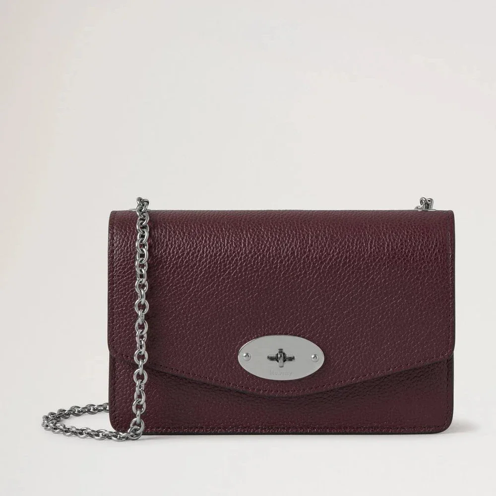 Mulberry Small Darley Small Classic Grain Black Cherry shoulder bag in dark red leather with silver chain. Model RL7791205K560.