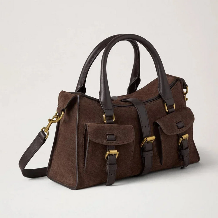 Mulberry Small Roxanne Chocolate Suede, brown shoulder bag in suede with pockets and details. Model HH9979 047F614.