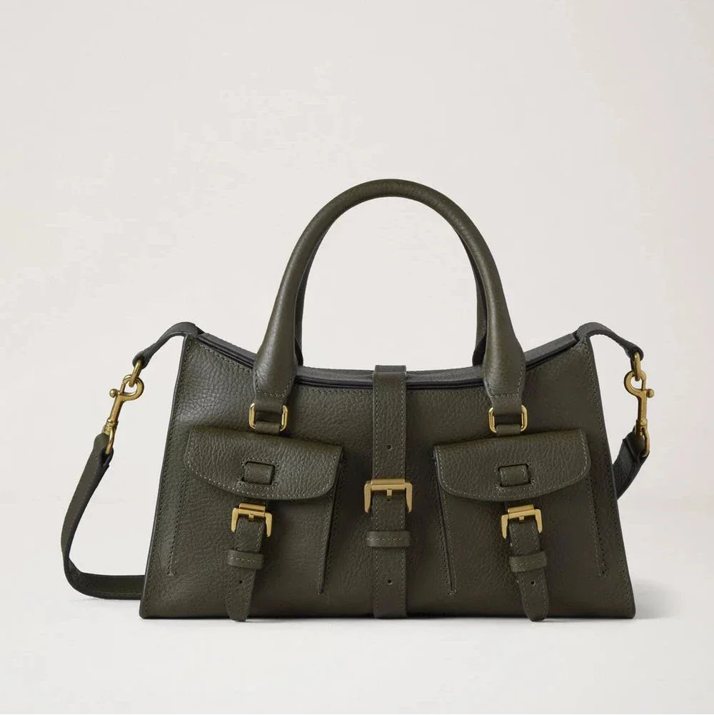 Mulberry Small Roxanne Heritage NVT Juniper Green bag in olive green leather with pockets and gold details. Model hh9978730q749