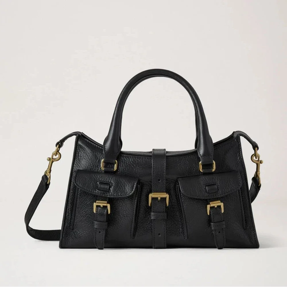 Mulberry Small Roxanne High Shine Leather Black shows a black leather bag with gold colored buckles, Model HH9977213A100.