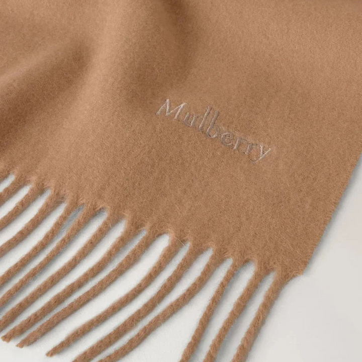 Mulberry Small Solid Merino Wool Scarf in camel with fringes and embroidered logo, Model VS4318946H150.