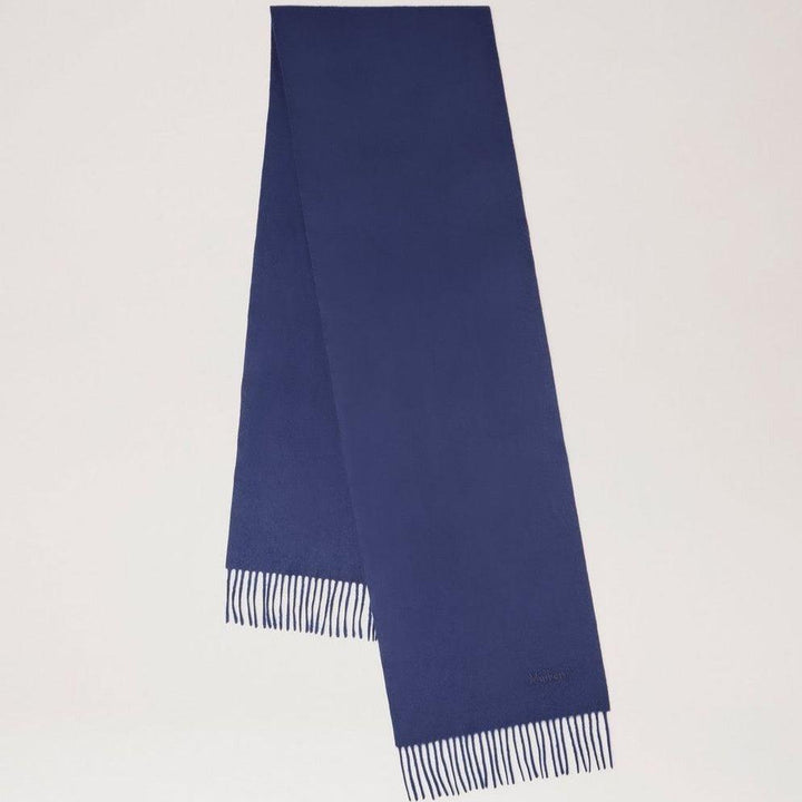 Mulberry Small Solid Merino Wool Scarf in midnight blue, classic solid color with fringes. Model VS4318946U888