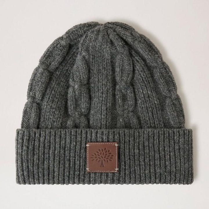 Mulberry Softie Chain Cable Beanie Charcoal in knitted wool with brown leather patch, Model VH4122996C110.
