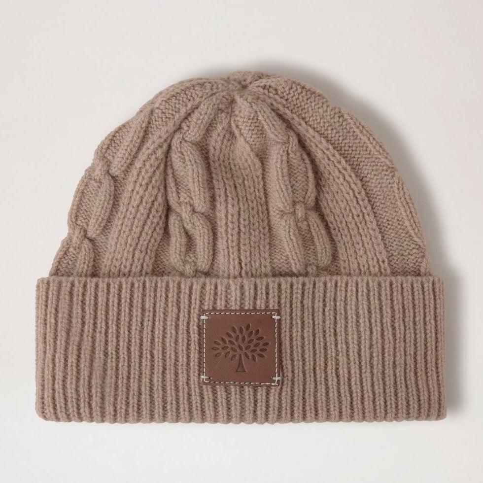 Mulberry Softie Chain Cable Beanie in maple color, thick cable knitted hat with leather patch on the front. Model VH4122996E631.