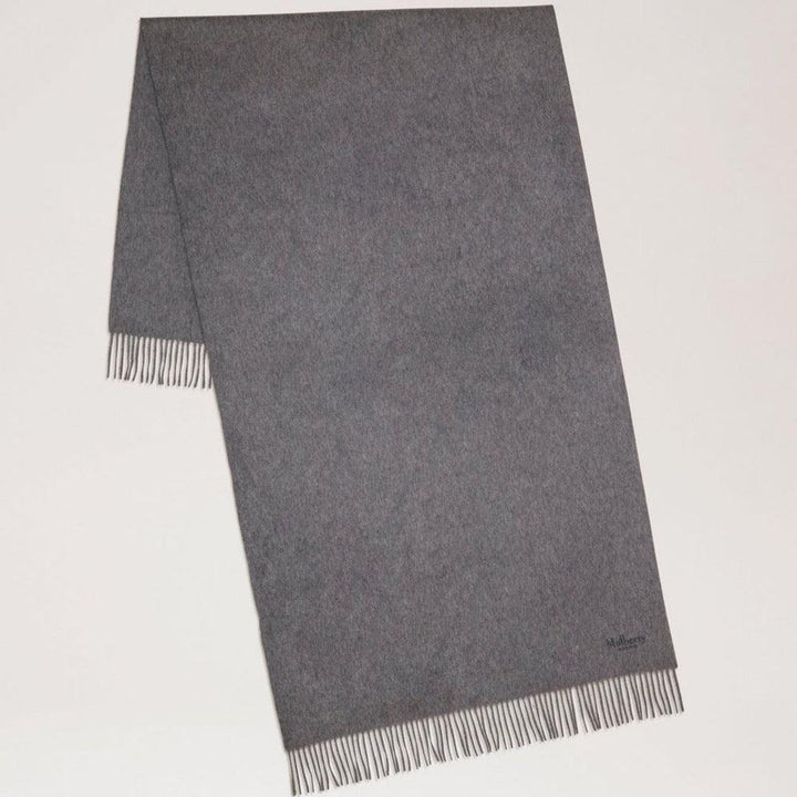Mulberry Solid Merino Wool Scarf Gray Melange shown full length, smooth wool with fringe, Model VS4240947C601.