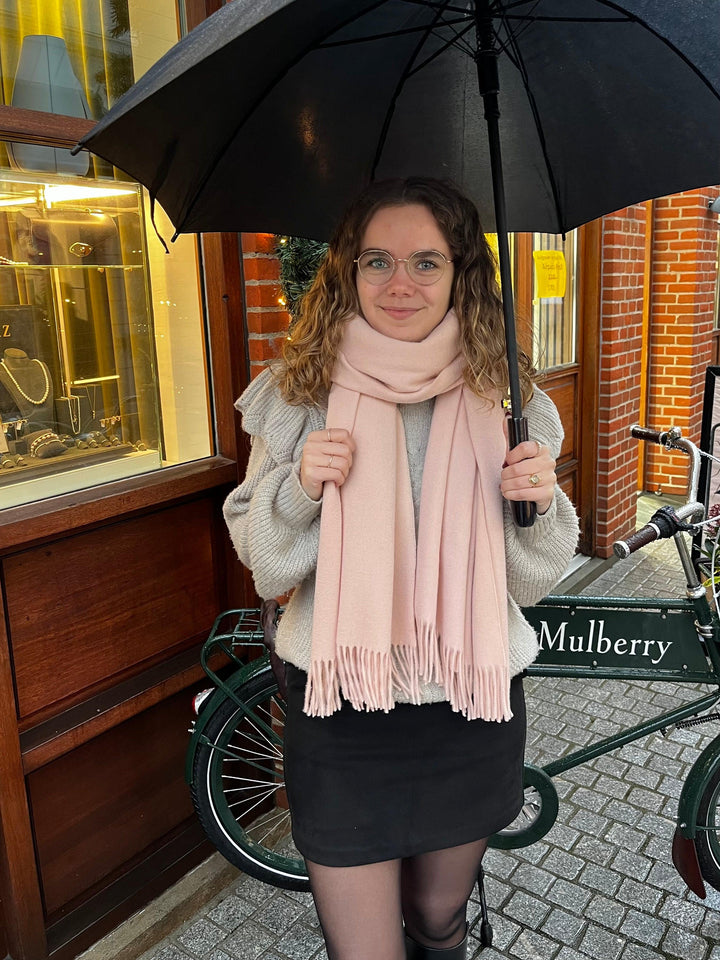 Mulberry Solid Merino Wool Scarf Rosewater, pink wool scarf worn by woman outdoors, Model VS4240947J633.