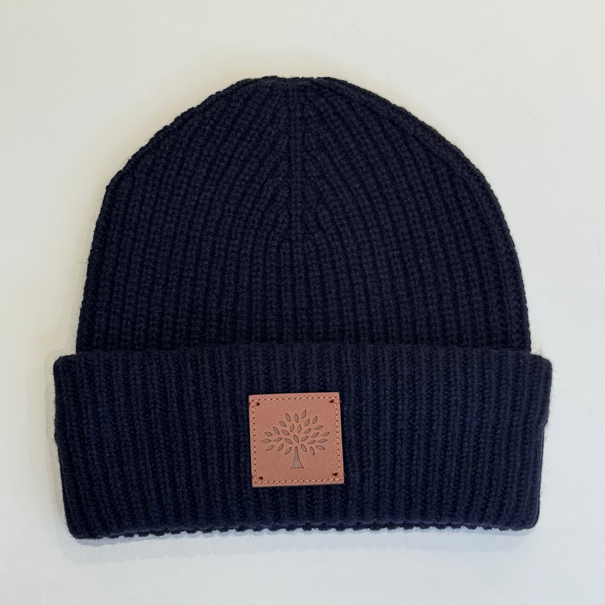 Mulberry Solid Wool Beanie Night Sky in dark blue wool with leather label on the front, Model VH4162163U888.