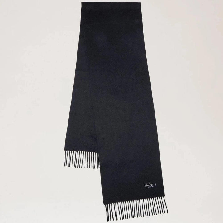 Mulberry black cashmere scarf 30x195, elegant design with fringes and visible logo. Model VS4460885A100