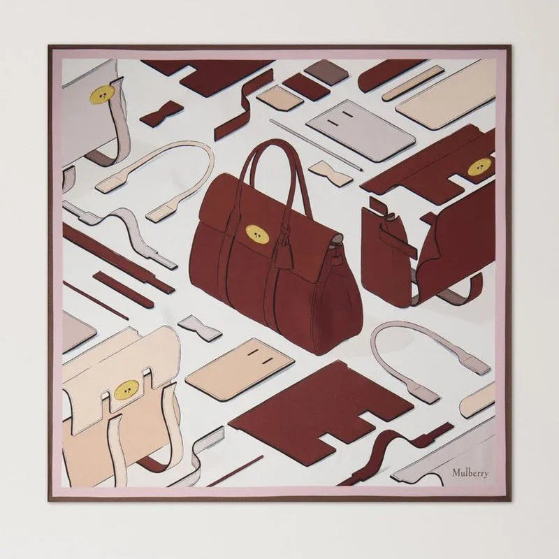 Mulberry Square Scarf Bayswater Workshop Blossom Pink Silk Twill Show Scarf with Pink and Brown Bag Graphic. Model VS4864143J002