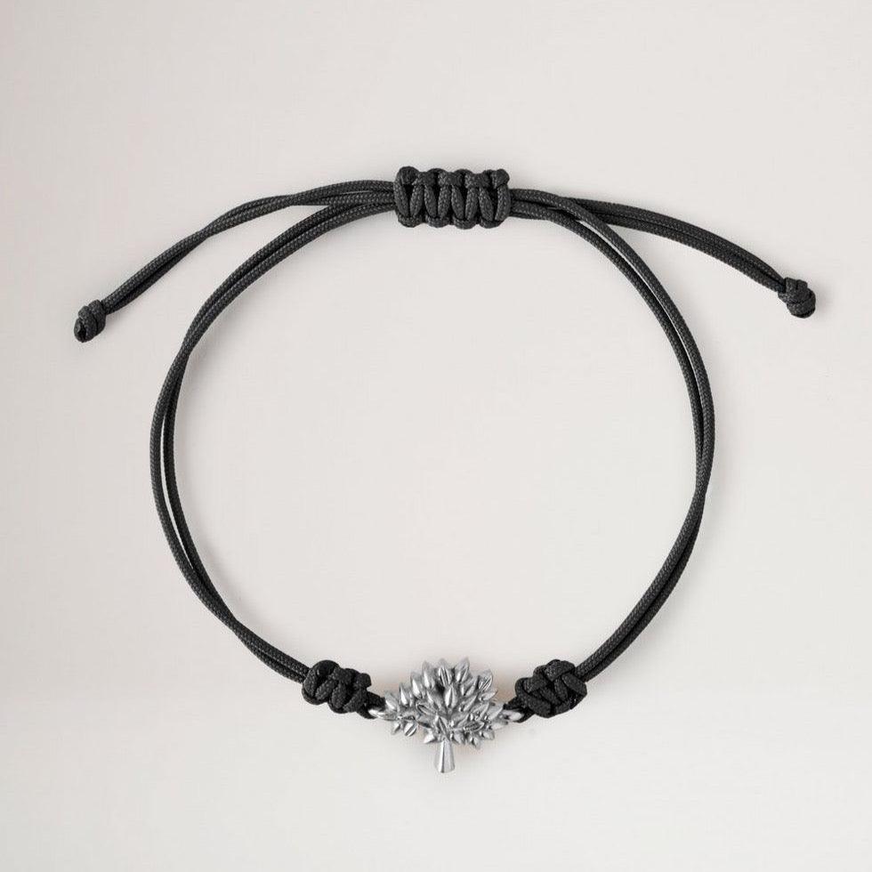 Mulberry Tree Cord Bracelet Black Sterling and Silver, black cord bracelet with silver tree detail, Model qb2392000a100