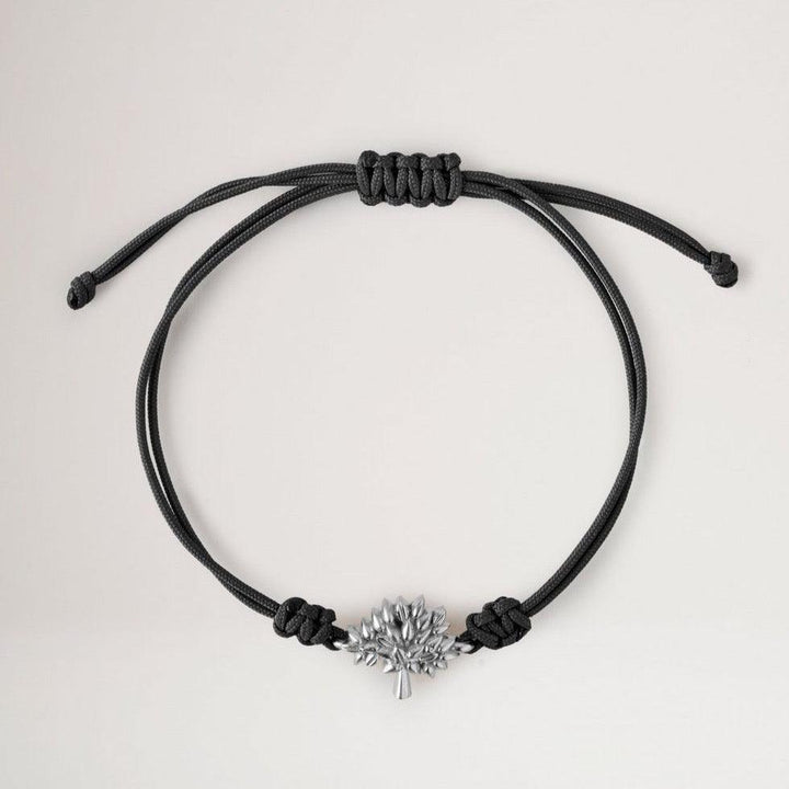 Mulberry Tree Cord Bracelet Black Sterling and Silver, black cord bracelet with silver tree detail, Model qb2392000a100