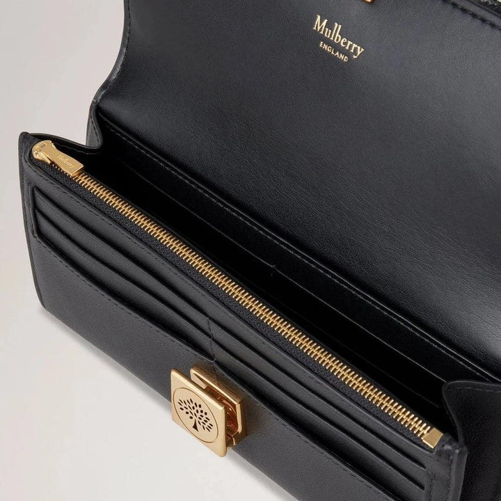 Mulberry Tree Long Wallet Black with open design, visible zipper and gold buckle, Model RL7971587A100