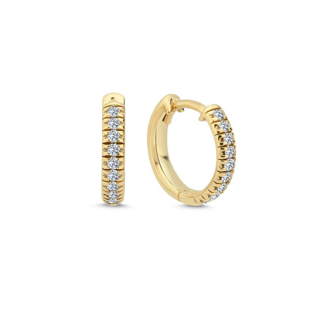 Nuran 14kt Champagne Creoles 0.18ct W/SI are visible as small round gold earrings with sparkling stones, Model o3088-018-rg.