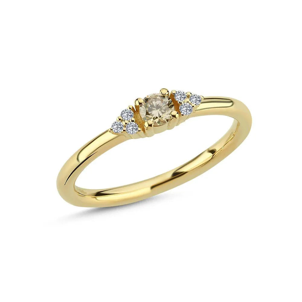 nuran 14kt champagne diamond ring showcases an elegant gold ring with a central champagne colored diamond and clear side stones. Model A3080CH-A3080CH-021RG-001