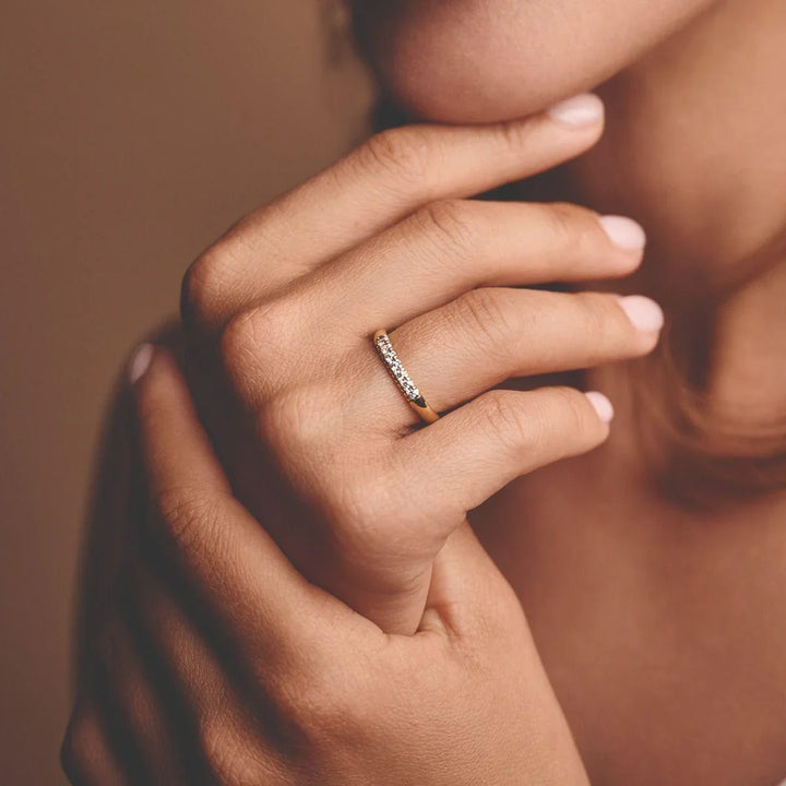Nuran 14kt Champagne Diamond Ring worn on hand, elegant design in gold with sparkling diamonds. Model a3088-014rg-001