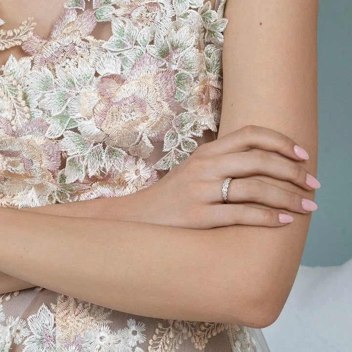Nuran 14kt Duchess Ring 0.57ct W SI A2450-057-RG-001 shown on hand with delicate pink manicure, Model A2450-057-RG-001.