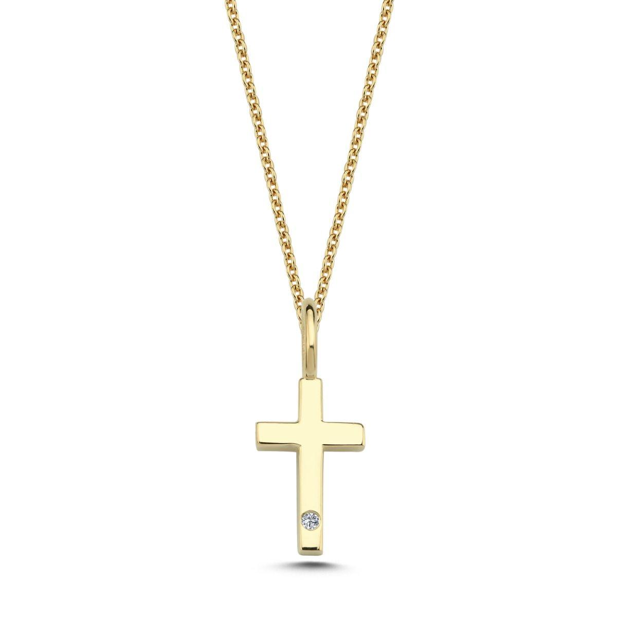 Nuran 14kt Gold Cross with 0.005ct W/SI shows a single cross pendant in bright gold with a small diamond. Model v2250-kors0005rg-1.