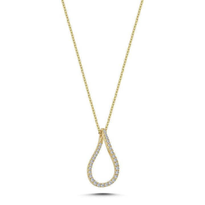 Nuran 14kt Valentina necklace with diamond pendant in drop-shaped gold look on white background. Model V2460-025-RG