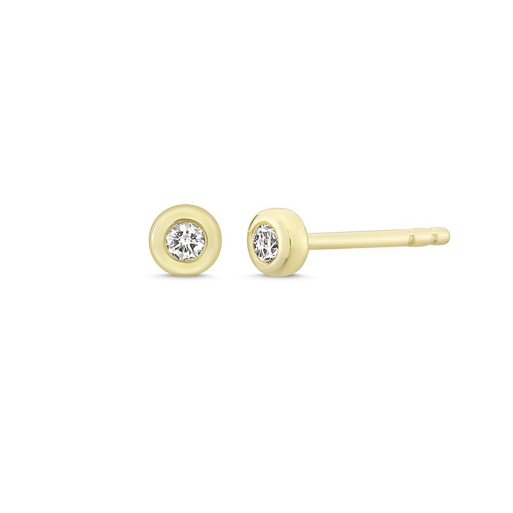 Nuran 14kt Zoe stud earrings show two simple gold studs with a set round brilliant. Model o2314-006rg-1