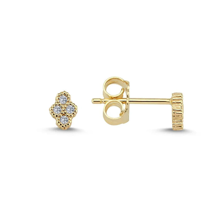 Nuran Athene 14kt Stud Earrings 0.08ct W/SI shows small yellow gold stud earrings with four diamonds. Model o2560-008rg-1.