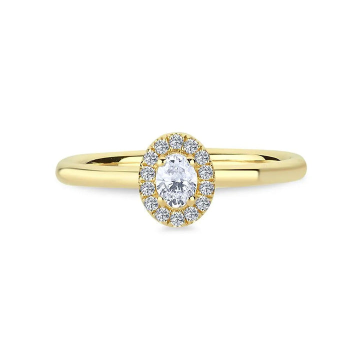 Nuran Champagne Ring in gold with diamonds, oval center stone and clear halo detail. Model a3082-024rg-001