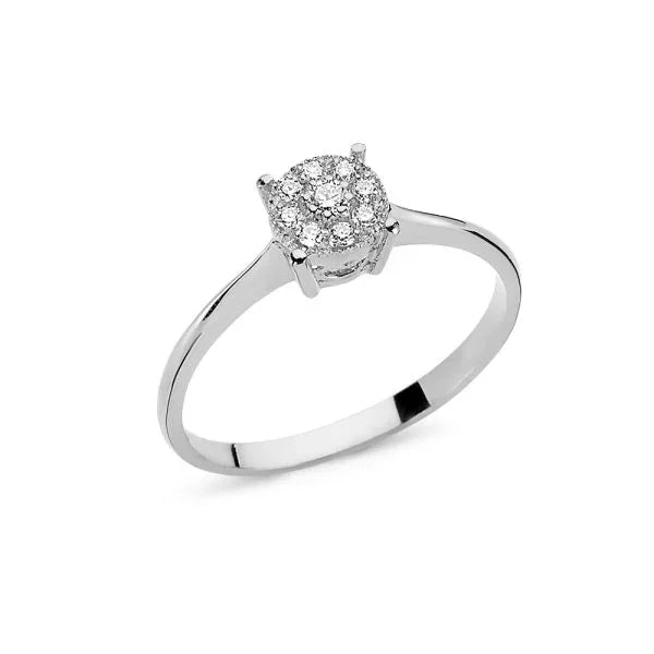 Nuran Coronet 14kt white gold ring 0.16ct W/SI with classic round center of sparkling diamonds. Model l1800-016-hg-001