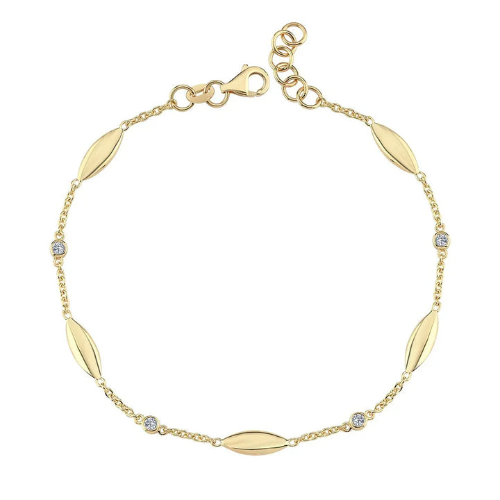 Nuran Leaves 14kt Armband 0.10ct W/SI, elegant gold bracelet with leaf-shaped links and small diamonds, Model b2512-010-rg-1.